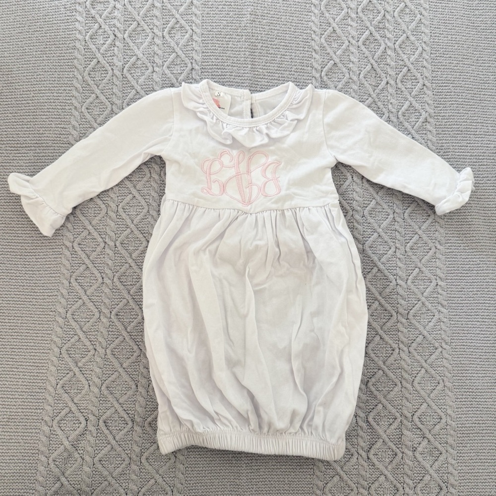 White Ruffled Baby Gown with Custom Embroidered Monogram LVJ LJV